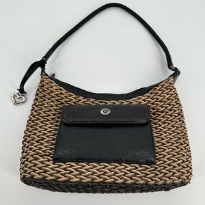 Brighton Edna Vintage Woven Raffia Basket Weave Leather Black Braided Straps Bag